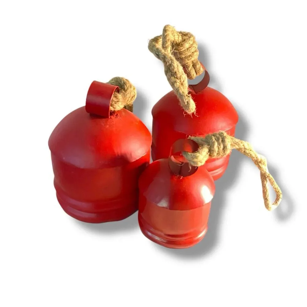 Red Metal Tibetan Inspired Cylindrical Decorative Cow Bells Set of 3 Wood Strike